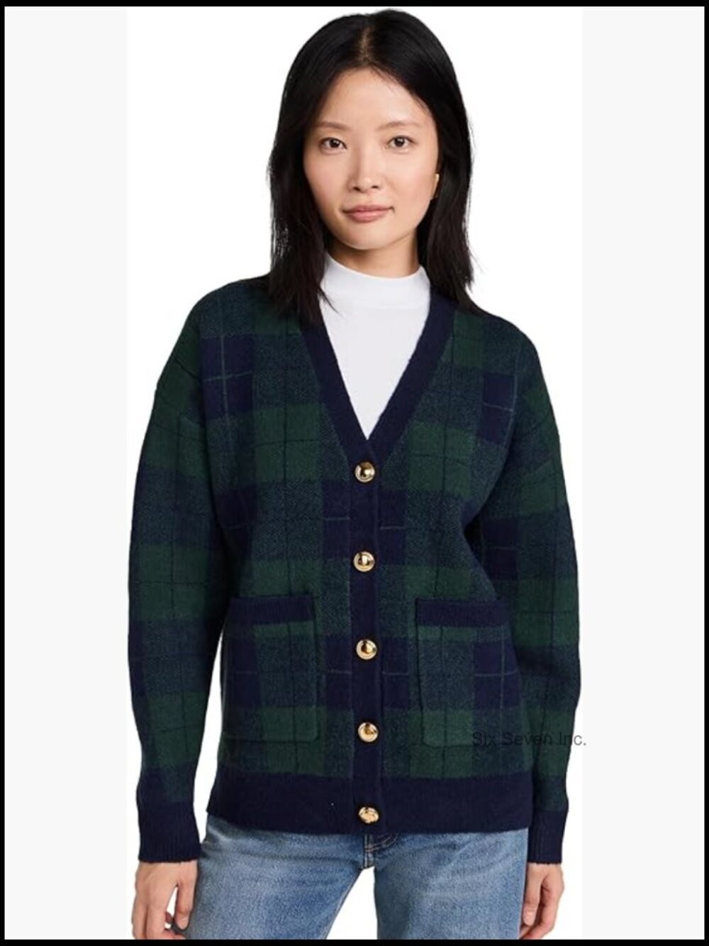 Mid-Weight Knit Checkered Cardigan with Ribbed Trim, Button Front